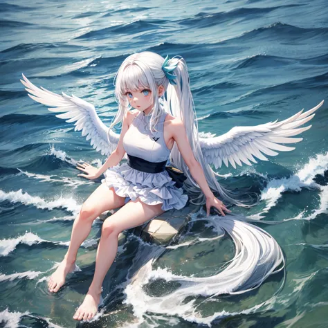 full-body portraits、sleeveless、white-colored skin,seaside，swimsuit，double tail,white wings behind