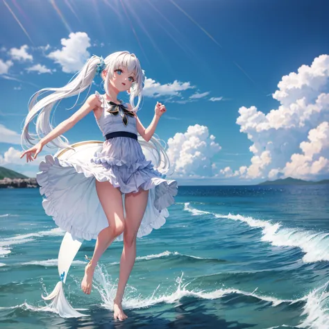 full-body portraits、sleeveless、white-colored skin,seaside，swimsuit，double tail,