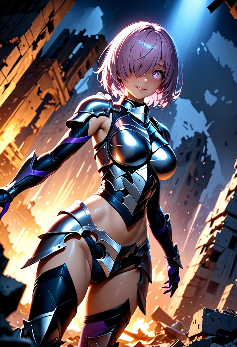 (masterpiece, top quality, best quality, beautiful and aesthetic:1.2), full body, extremely detailed, detailed face and eyes, cinematic light, depth of field, 1girl, seducing smile, solo, official, (armored knight:1.4), dark armor, mash kyrielight, light purple hair, short hair, hair over one eye, slim body, cinematic lighting, dramatic lighting, dramatic atmosphere, hyper-realistic, high resolution, stunning contrast, high quality, best quality, 8k, 4k, intricately detailed, (amazing details:1.2), highly detailed skin, powerful presence, vibrant colors, (detailed eyes:1.2), striking eyes, (detailed background), (warzone on background, night, ruins), (dynamic angle:1.2), (dynamic pose:1.2)