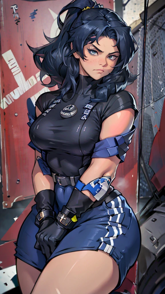 High detailed, 1 woman, solo, large hairstyle, muscled, thicc body, Lenon colored eyes, angry face, busty, rock-star clothes, BLUE finger-gloves, medium woman