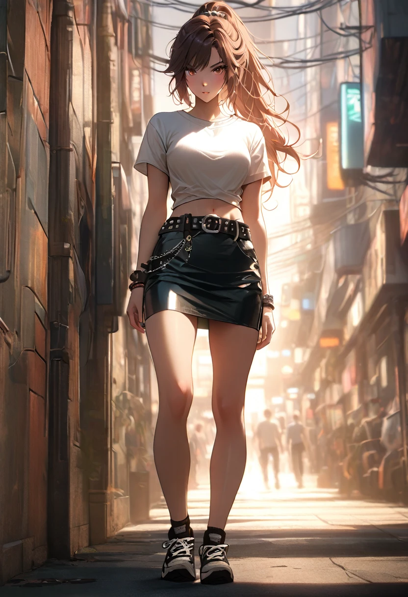 1girl, solo, long hair, breasts, full body, looking at viewer, bangs, skirt, brown hair, shirt, hair ornament, navel, brown eyes, large breasts, standing, full body, white shirt, ponytail, short sleeves, thighs, :), midriff, punk belt, miniskirt, black skirt, stomach, lips, crop top, arms behind back, scrunchie, hair scrunchie, pencil skirt, against wall, cropped shirt, bare legs, sneakers
