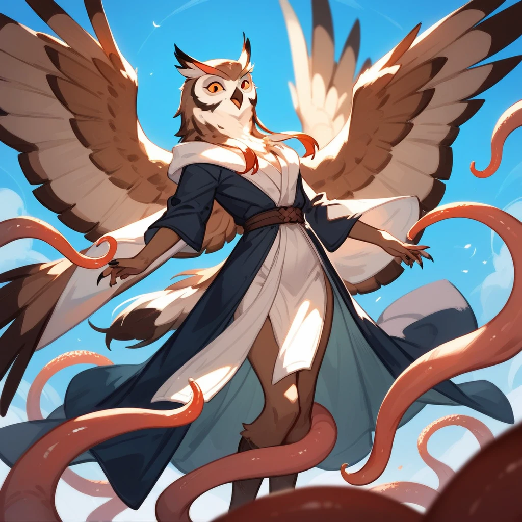 Quixotic Adventurer in tentacle owl art style, feathered robe, sfw, (score_9,score_8_up,score_7_up,score_6_up,score_5_up,score_4_up) 
