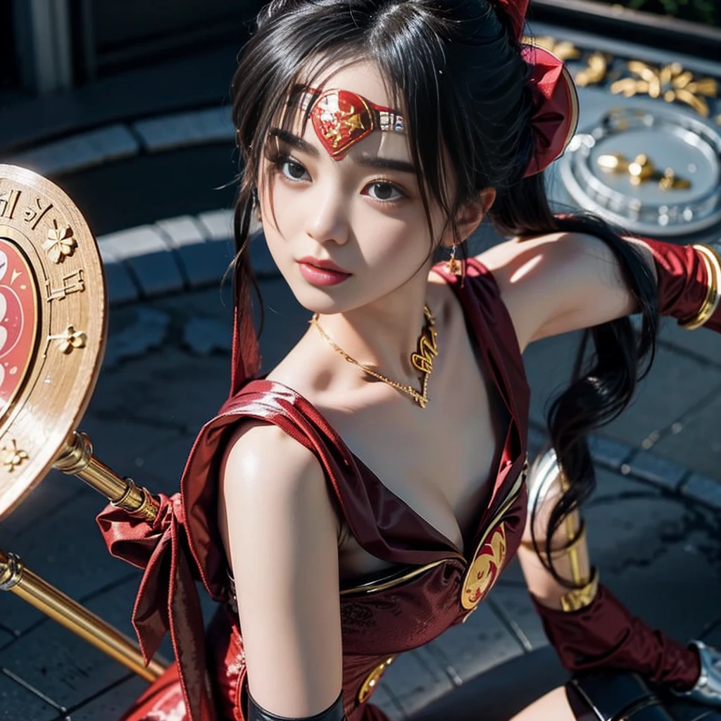 Highest quality, masterpiece, Very detailed, 8K, 14 year old beautiful Japanese woman:1.5, Small face, Black Hair, (A detailed and glamorous red Sailor Moon costume:1.5), Breast Augmentation Surgery, Very detailedな臭い脇の下、　Dynamic Angle