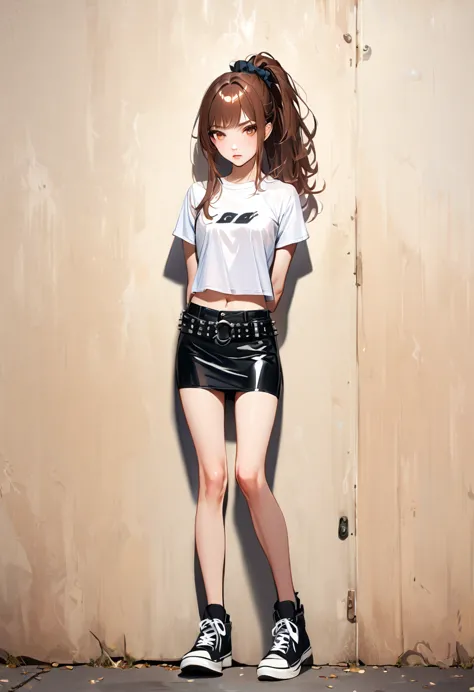 1girl, tall, solo, long hair, breasts, full body, bangs, skirt, brown hair, shirt, hair ornament, navel, brown eyes, medium brea...