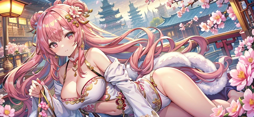 Masterpiece、Highest quality、Super detailed、1 girl、Light pink hair、Fluffy and soft long hair、Starry eyes、Big Tits、Cleavage、Chinese clothing、ribbon、Frills、Belly button、Chinese fantasy town、Earrings、choker、Chinese style hair accessories、City of glitter、lanthanum