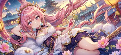 Masterpiece、Highest quality、Super detailed、1 girl、Light pink hair、Fluffy and soft long hair、Starry eyes、Big Tits、Cleavage、Chines...