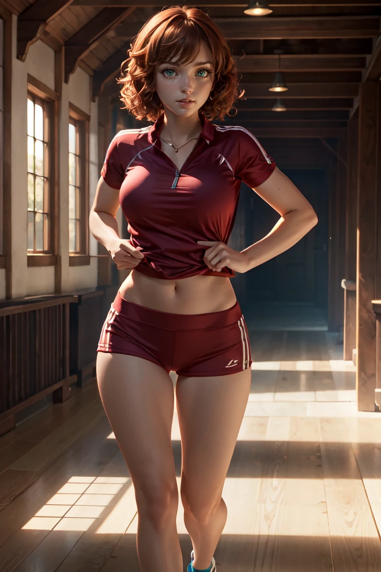 full body of a young woman, short and top shots for running, portraite, practical, greeneyes, short wavy reddish hair, breasts big, 4k resolution, high quality CG, linda cg, smooth light,
