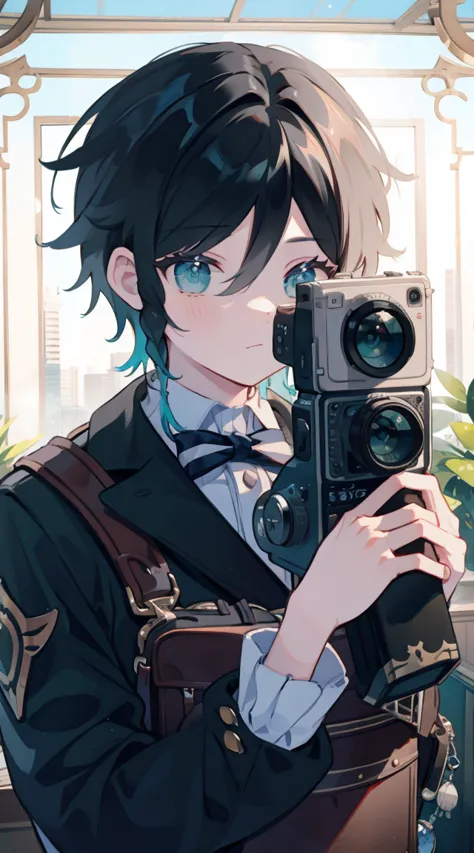 Handsome boy holding a camera taking pictures