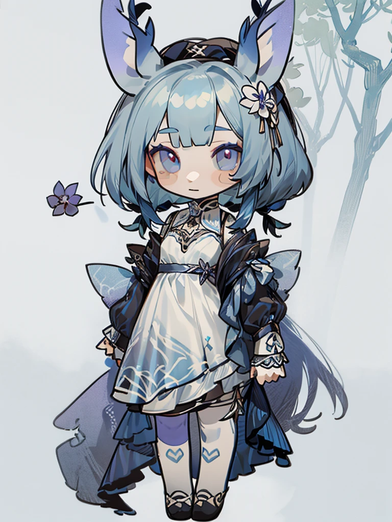 chibi, front facing, full body, solo, masterpiece, best quality, extremely detailed, detailed background, detailed face, 1girl, pale skin, long blue hair, deer ears, white deer horns, white elegant dress, blue flower, good finger, perfect face, intricate details, mystical forest theme