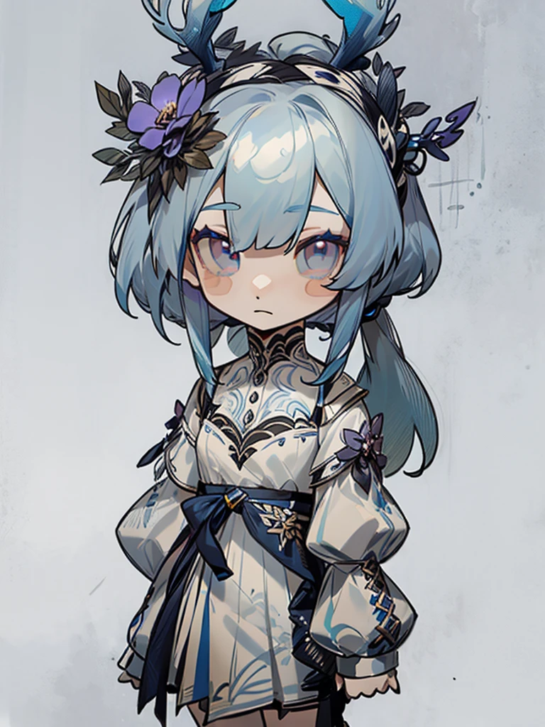 chibi, front facing, full body, solo, masterpiece, best quality, extremely detailed, detailed background, detailed face, 1girl, pale skin, long blue hair, deer ears, white deer horns, white elegant dress, blue flower, good finger, perfect face, intricate details, mystical forest theme