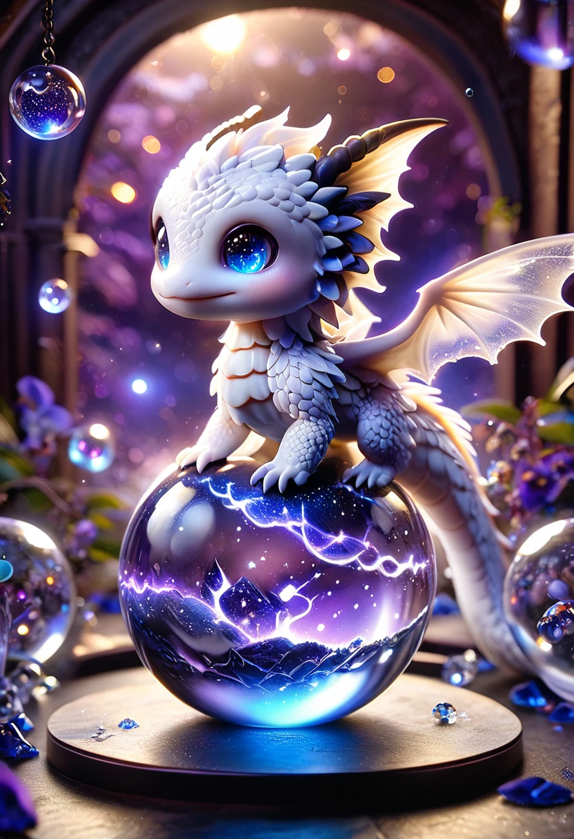 absurdres, highres, ultra detailed, HDR, master piece, best quality, crystal ball, small white dragon, expressive blue eyes, blue horns, wings, fantasy magical background, sparkling, shining, purple lightning, floating round lights, starry, void