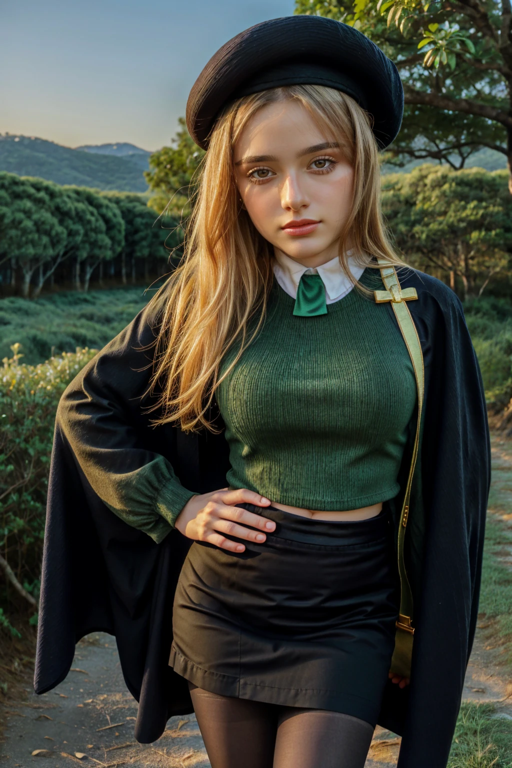 1 girl, best quality, ((Miyo)), tarankaaa, perfect face, beautiful smile, 30 years old, ((ascot, uniform, black skirt, cross, ribbon, gold blonde hair, emerald, beret, cape, pantyhose, shirt cover til hips, long shirt)), ((perfectly drawn hands)), perfect body, bare tree, bush, fog, forest, grass, nature, outdoors, plant, scenery, solo, standing, tree, 32k photograph, ((perfect eyes, detailed eyes,realistic eyes)), ((sharp face, detailed face, realistic face, natural skin, realistic skin, detailed skin, pores)), full body, tone mapping, asian-european, ((masterpiece)), ((highres)), ((detailed background)), japanese village background, night, big proportions, 