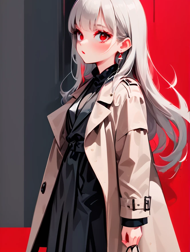 Simple vector illustration，Beautiful girl standing against the wall，Unique，confidence，Long straight hair，(((clear detailed eyes))), Exaggerated earrings，Unique，Staring at the audience），（Black deep V trench coat：1.37，Red bottoming skirt）。Looking from the bottom up，Geometric Light and Shadow，Clean and simple red background, silver straight hair and bangs, hime hairstyle, (((dusty rose eyes))), straight cutted silver bangs
