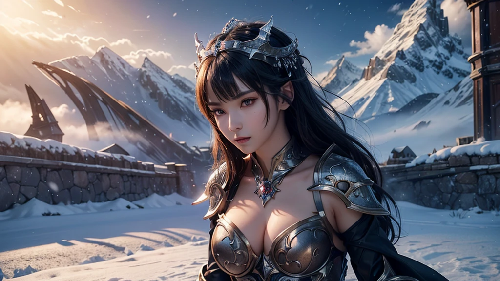 Close-up of woman holding sword and armor, Armor Girl, 2. 5D CGI anime fantasy artwork, Large Breasts，Epic fantasy digital art style, detailed Digital 2D fantasy art, Digital 2D fantasy art, original photo, (best quality:1.3), high resolution, (masterpiece), (lifelike:1.4), Professional photography, Clear focus, High Dynamic Range, 8k resolution, Intricate details, Fine details, Depth of Field, Extremely detailed CG unified 8k wallpaper, masterpiece，poster，best quality，Official Art，（Beauty and aesthetics：1.2），（masterpiece：1.3），Miss，personal，Light Leather Armor，complex pattern，winter，Snow Mountain，Medium distance photography，（midnight），dramatic，Giant bat wings，