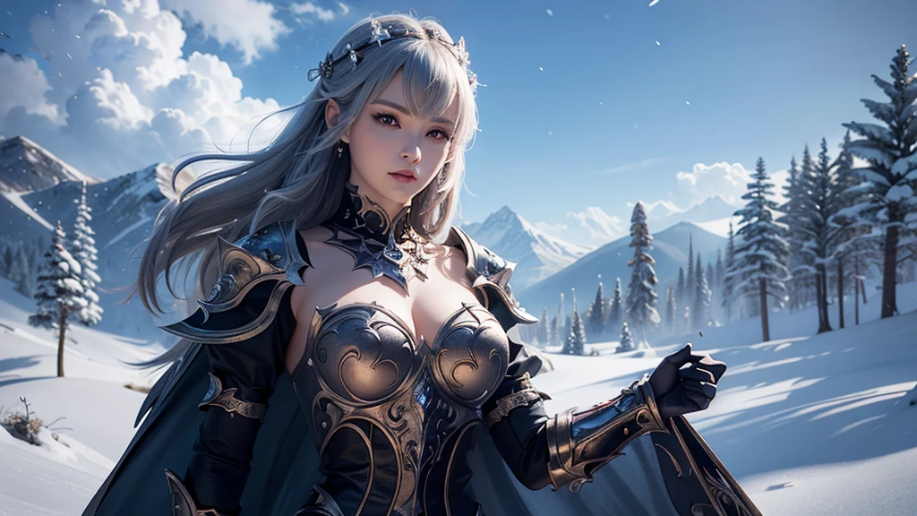 Close-up of woman holding sword and armor, Armor Girl, 2. 5D CGI anime fantasy artwork, Large Breasts，Epic fantasy digital art style, detailed Digital 2D fantasy art, Digital 2D fantasy art, original photo, (best quality:1.3), high resolution, (masterpiece), (lifelike:1.4), Professional photography, Clear focus, High Dynamic Range, 8k resolution, Intricate details, Fine details, Depth of Field, Extremely detailed CG unified 8k wallpaper, masterpiece，poster，best quality，Official Art，（Beauty and aesthetics：1.2），（masterpiece：1.3），Miss，personal，Light Leather Armor，complex pattern，winter，Snow Mountain，Medium distance photography，（midnight），dramatic，Giant bat wings，