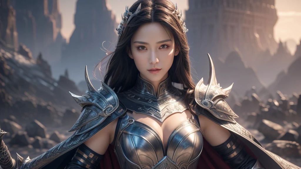 Close-up of woman holding sword and armor, Armor Girl, 2. 5D CGI anime fantasy artwork, Large Breasts，Epic fantasy digital art style, detailed Digital 2D fantasy art, Digital 2D fantasy art, original photo, (best quality:1.3), high resolution, (masterpiece), (lifelike:1.4), Professional photography, Clear focus, High Dynamic Range, 8k resolution, Intricate details, Fine details, Depth of Field, Extremely detailed CG unified 8k wallpaper, masterpiece，poster，best quality，Official Art，（Beauty and aesthetics：1.2），（masterpiece：1.3），Miss，personal，Light Leather Armor，complex pattern，winter，Snow Mountain，Medium distance photography，（midnight），dramatic，Giant bat wings，