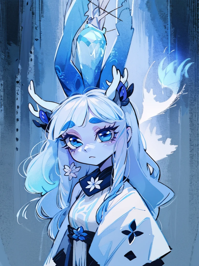 chibi, front facing, full body, solo, masterpiece, best quality, extremely detailed, detailed background, detailed face, 1girl, pale skin, long blue hair, deer ears, white deer horns, white elegant dress, blue flower, good finger, perfect face, intricate details, mystical forest theme