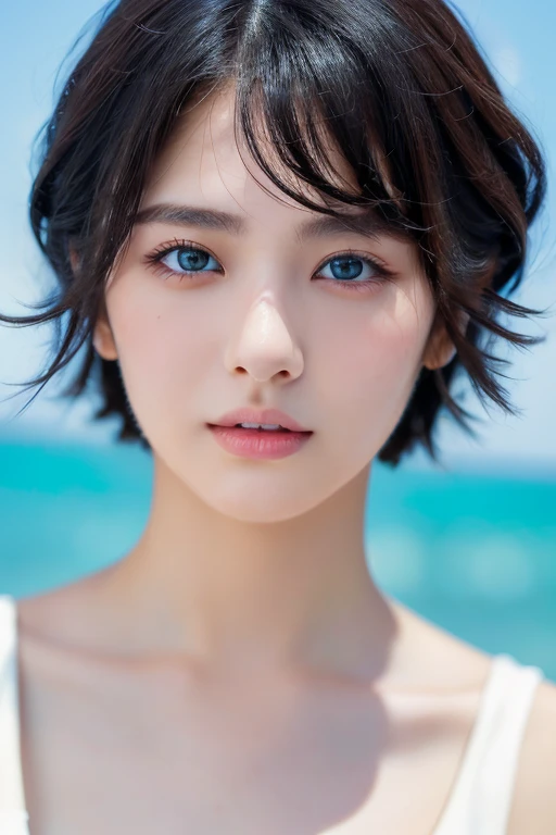 (award winning, 8k, super detailed, high resolution, best quality, photography, portrait), 1girl, solo, beautiful girl, beautiful eyes, detailed eyes, black eye, white dress, short hair, black hair ocean background.