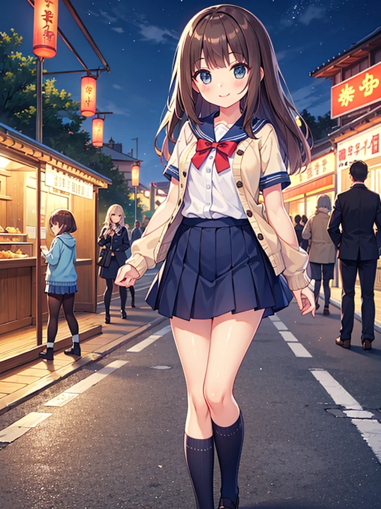 {Highest quality], [Super beautiful], [Ultra fine], [Best illustration], NSFW,Brown Hair, Hime cut, Long Hair, With bangs, girl,,uniform,knit cardigan,Short sleeve,skirt,smile, blush, Slender women,Standing posture,(Public),Night Park,Summer festival,diagonal, Navy blue knee socks,Black loafa