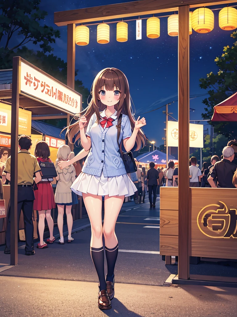 {Highest quality], [Super beautiful], [Ultra fine], [Best illustration], NSFW,Brown Hair, Hime cut, Long Hair, With bangs, girl,,uniform,knit cardigan,Short sleeve,skirt,smile, blush, Slender women,Standing posture,(Public),Night Park,Summer festival,diagonal, Navy blue knee socks,Black loafa