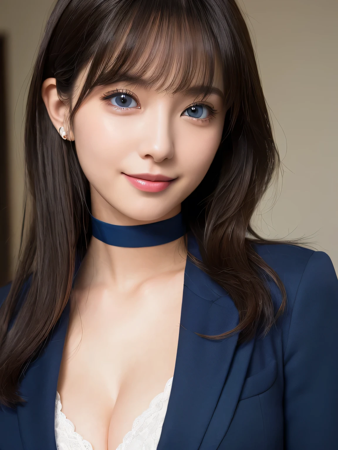 (Highest quality, masterpiece:1.3, Ultra-high resolution), (Very detailed), (Realistic:1.4, RAW shooting), Businesswoman、((Dark Blue Blazer:1.2)), ((Slim body，Slim face)), girl, Japanese, cute, Straight Hair, ((Big Breasts)), (View from the front:1.1), Looking into the camera, Light brown hair, ((Black choker)), Very long and bushy eyelashes, blue eyes, bangs、 ((smile)), ((Portrait)), President&#39;s office