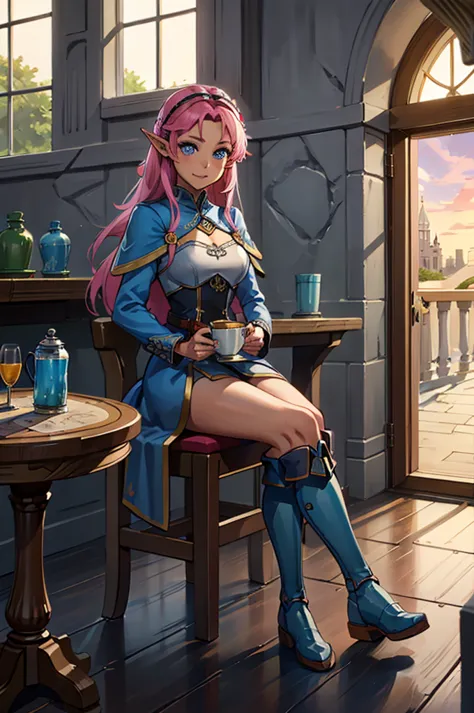 drinking tea,sitting down on chair,tabletop,ssmile,pink long hair, cloused mouth,medieval gown, female elf, jewerly, knee boots,...