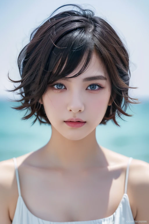 (award winning, 8k, super detailed, high resolution, best quality, photography, portrait), 1girl, solo, beautiful girl, beautiful eyes, detailed eyes, black eye, white dress, short hair, black hair ocean background.