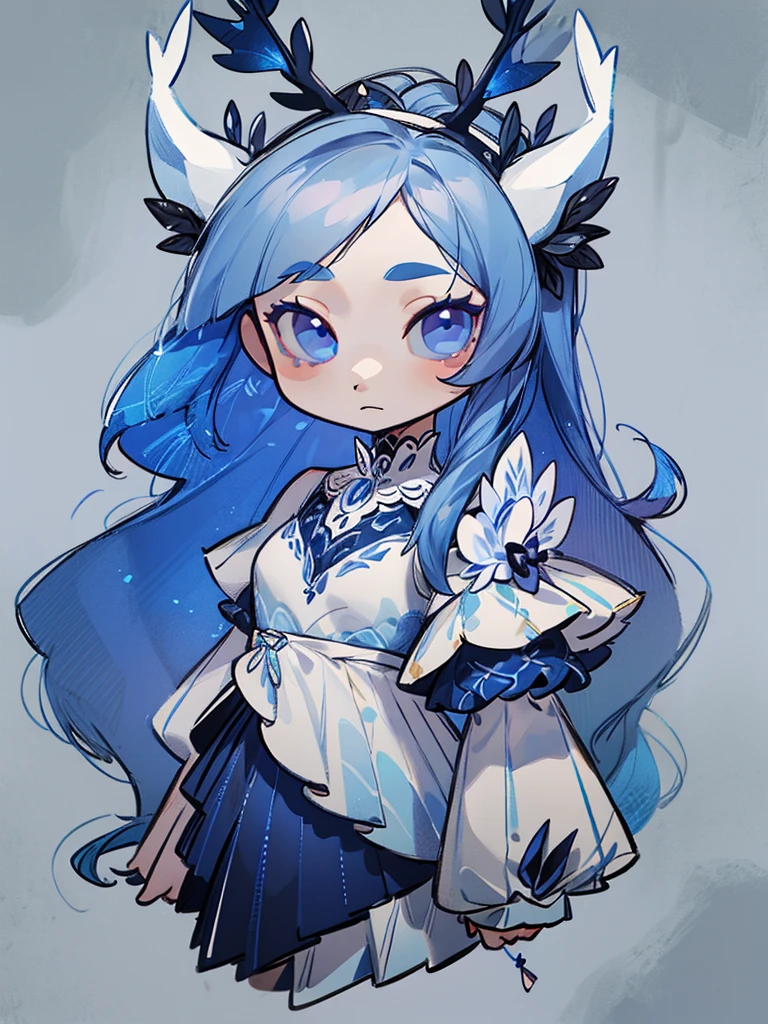 chibi, virtual youtuber model, front facing, full body, solo, masterpiece, best quality, extremely detailed, detailed background, detailed face, 1girl, pale skin, long blue hair, deer ears, white deer horns, white elegant dress, blue flower, good finger, perfect face, intricate details, mystical forest theme