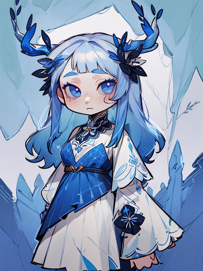 chibi, virtual youtuber model, front facing, full body, solo, masterpiece, best quality, extremely detailed, detailed background, detailed face, 1girl, pale skin, long blue hair, deer ears, white deer horns, white elegant dress, blue flower, good finger, perfect face, intricate details, mystical forest theme