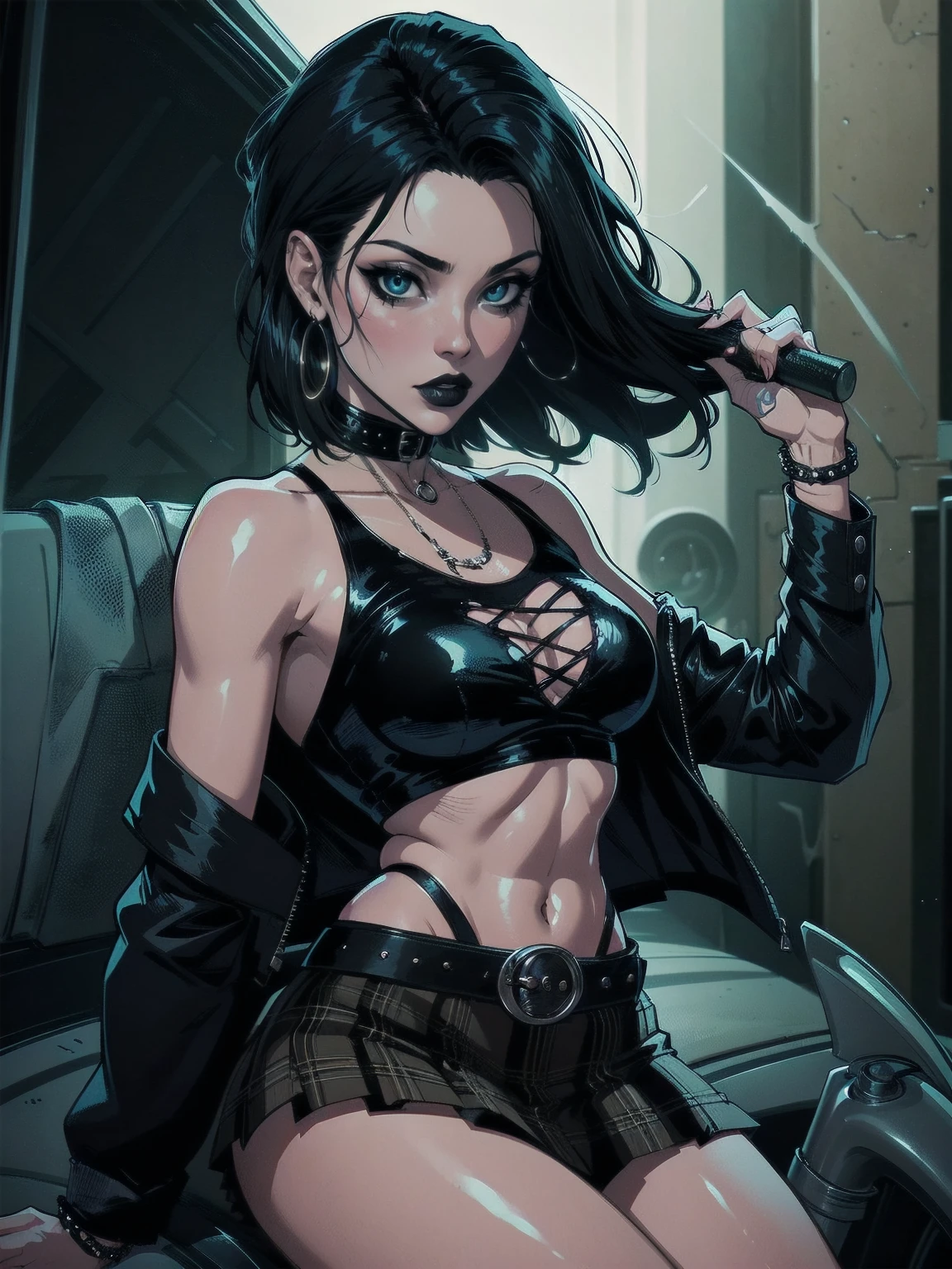 a woman with medium black hair, hair on shoulders,  wearing plaid skirt, black jacket,  blue eyes, gothic art, cute aesthetic with vibe, toon aesthetic, wearing gothic accessories, look like Cassie Hack, upper body, driving on the motocicle, the walking dead background, dinamic poses