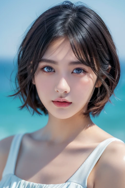 (award winning, 8k, super detailed, high resolution, best quality, photography, portrait), 1girl, solo, beautiful girl, beautiful eyes, detailed eyes, black eye, white dress, short hair, black hair ocean background.