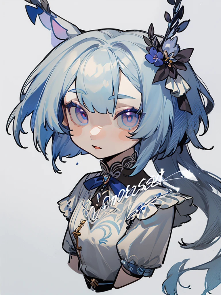 chibi, virtual youtuber model, front facing, full body, solo, masterpiece, best quality, extremely detailed, detailed background, detailed face, 1girl, pale skin, long blue hair, deer ears, white deer horns, white elegant dress, blue flower, good finger, perfect face, intricate details