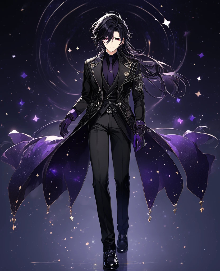 (black_hair), (long_male_hair), (deep_purple_eyes), (detailed_eyes), (attractive), (emotionless), (Deep_space_background), (male), (wearing _a_black_suit),(wears_black_pants), (black_leather_shoes), (black_tight_gloves), (long_male_hair), (detailed_Hair), (detailed), (detailed_mouth), (mysterious), (complicated), (full_body_image)