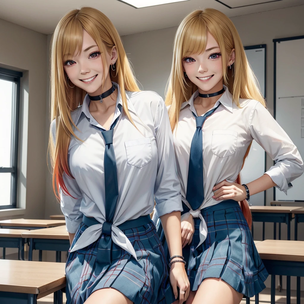 masterpiece, best quality,  kitagawa marin, 1girl, blonde hair, long hair, multicolored hair, red eyes, jewelry, earrings, piercing, , white shirt, tied shirt, black choker, blue necktie, plaid skirt, indoors, inside, classroom, open smile, pose, desks