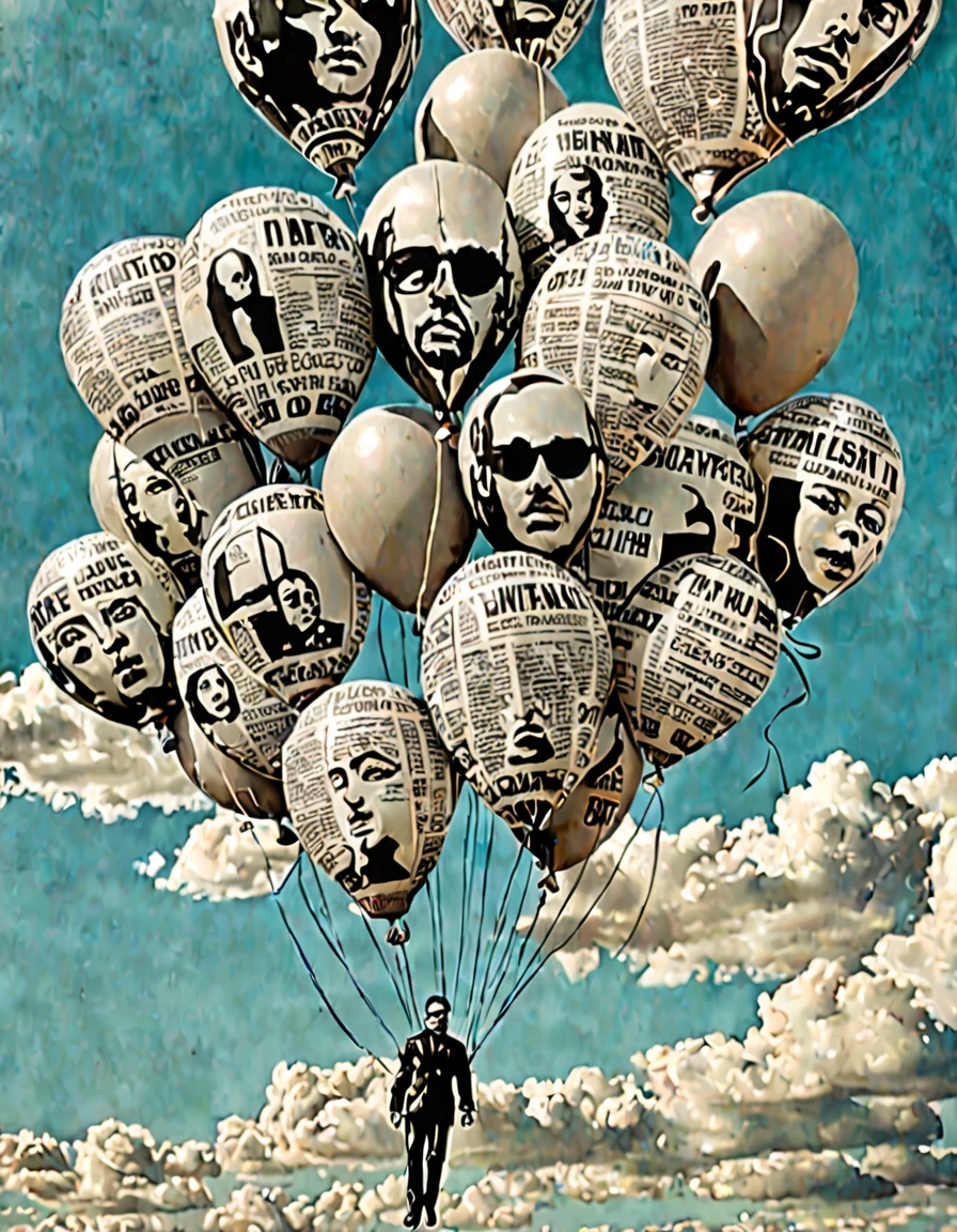dreamy sky, Floating balloons made from newspaper clippings, The surreal landscape below, Retro-futuristic aesthetic, (Hyper-realistic facial features:1.3)