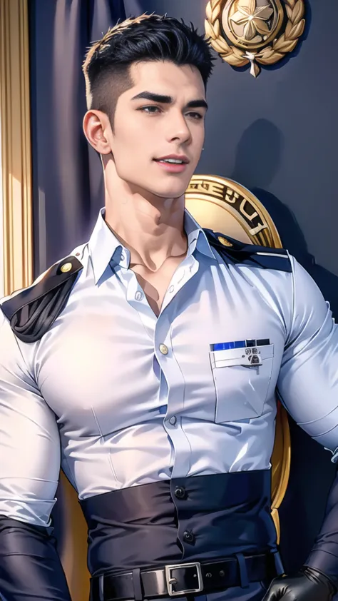 handsome man  sit on the table ,(crew cut short hair:1.2),black eye,smile,open mouth
(navy police uniform:1.2),(shirt short slee...