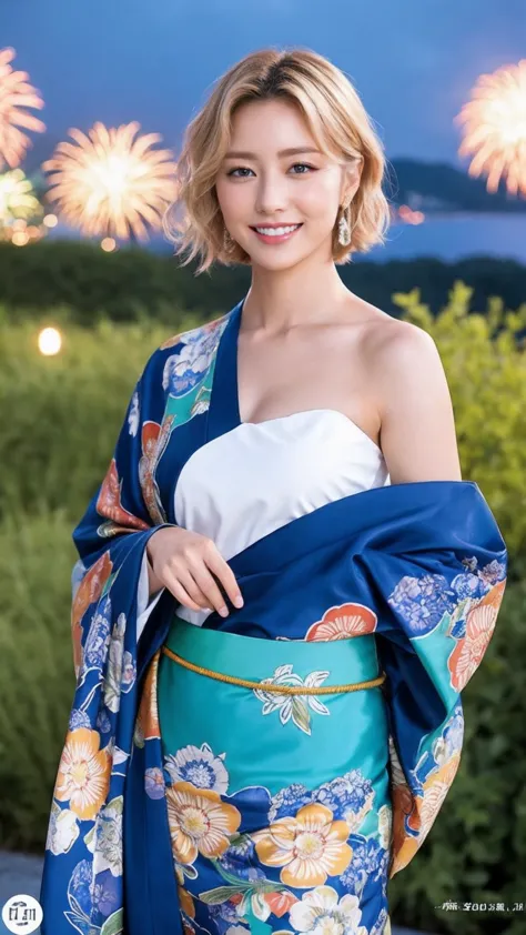Gorgeous Japanese costumes、kimono、Fireworks display、On the chest、Full Body Tattoo、Hair tied up、Full body photo、Sexy Face、short h...