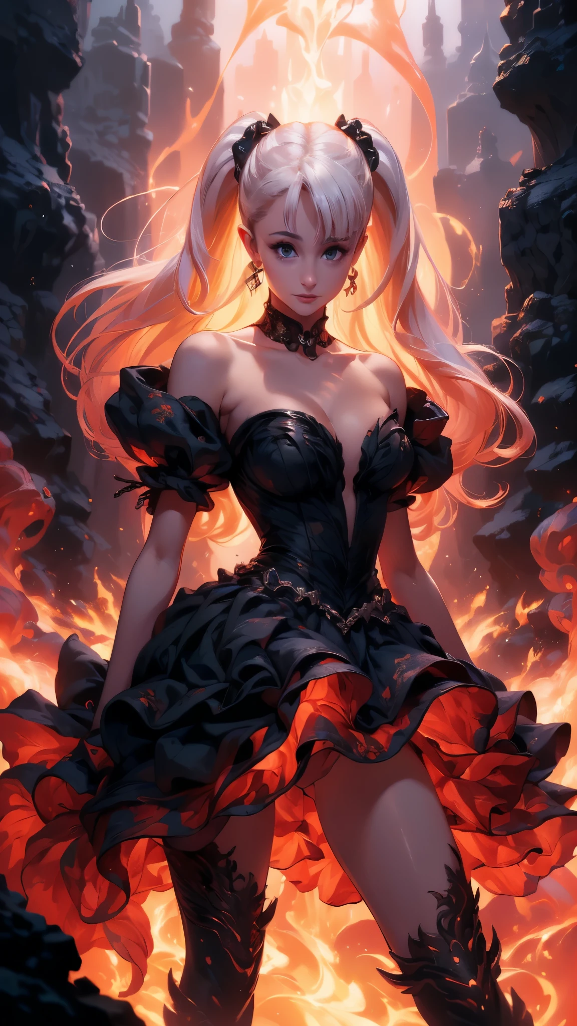 (La mejor calidad,A high resolution,Ultra - detallado,actual),Ariana Grande in a black dress with flames on her chest, epic fantasy art style hd, 4k fantasy art, epic fantasy digital art style, epic fantasy art style, fantasy woman, epic fantasy art portrait, epic fantasy style, hyperrealistic fantasy art, hd fantasy art, epic fantasy character art, epic fantasy art, in style of dark fantasy art, epic fantasy digital art, (anatomía perfecta :1.4),( iluminación cinematográfica :1.4), (Ariana Grande :1.4),( face detailed Ariana Grande :1.4), (skirt lifted by itself: 1.1), (skirt lift: 1.3), (showing white panties: 1.3)