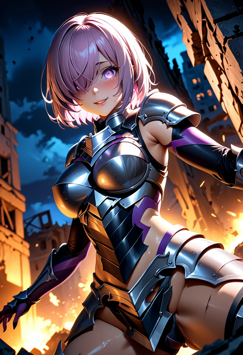 (masterpiece, top quality, best quality, beautiful and aesthetic:1.2), full body, SFW, extremely detailed, detailed face and eyes, cinematic light, depth of field, 1girl, seducing smile, solo, official, (armored knight:1.4), dark armor, mash kyrielight, light purple hair, short hair, hair over one eye, slim body, cinematic lighting, dramatic lighting, dramatic atmosphere, hyper-realistic, high resolution, stunning contrast, high quality, best quality, 8k, 4k, intricately detailed, (amazing details:1.2), highly detailed skin, powerful presence, vibrant colors, (detailed eyes:1.2), striking eyes, (detailed background), (warzone on background, night, ruins), (dynamic angle:1.2), (dynamic pose:1.2)