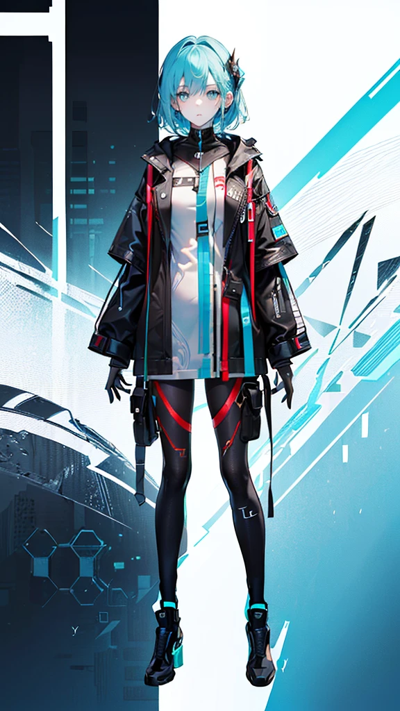 ((full body: 2)),((masterpiece)),(top quality),((ultra-detailed:1.5, 8k quality:1.5)),(detailed line art:1.0),perfect face, (standing pose), human, About 20 years old, (1 Female), Sci-Fi Tactical Fashion, main hair color {{cyan}}(#a2cdde) ,(inner hair color {{red}}(#ff0000): 1.2),(clothes color {{white}}(#dddddd):1.2)