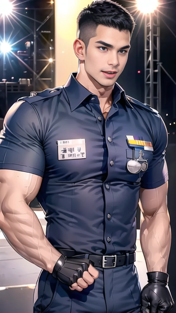 handsome man  sleep on the table ,(crew cut short hair:1.2),black eye,smile,open mouth
(navy police uniform:1.2),(shirt short sleeves:1.2),collar,(shirt covered over:1.2),(name tag and Police badge:1.2),(shirt no buttons:1.1),(black_gloves:1.3),
(Navy blue cargo:1.2),Korean guy,korean men,(High gloss details),(chest muscles:1.2),(large arm muscles:1.2),blood vessel,Big muscles,Broad shoulders,looking at the audience,Balancing the eyes,middle of the road,(stage:1.4),