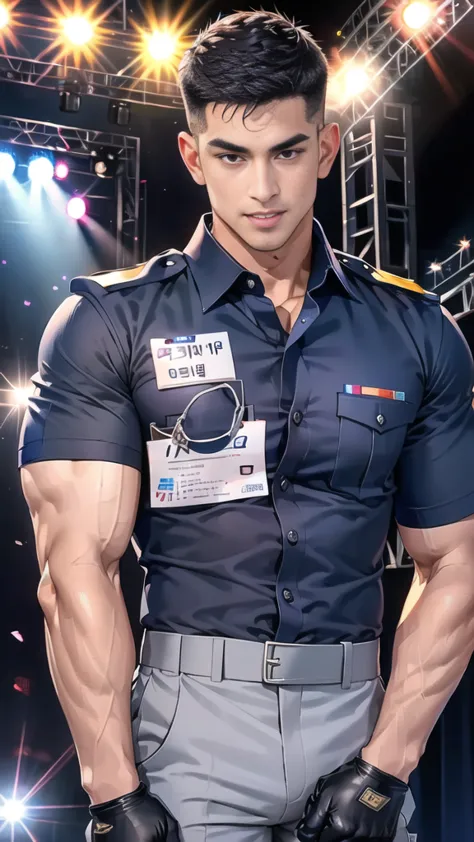 handsome man  sleep on the table ,(crew cut short hair:1.2),black eye,smile,open mouth
(navy police uniform:1.2),(shirt short sl...