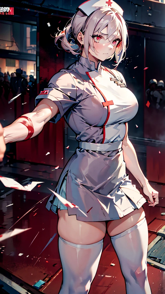 Masterpiece artwork, highest quallity, More details, 1 girl, BREAK, horor, (Little injured girl, bloodstains, bleeding, injury), Bright white hair, red eyes like jewels, anime highlighted eyes, (nurse uniform: 1.4), (White tight miniskirt: 1.2), white pantyhose, clothes with scars, dirt clothes, roupas manchadas de bloodstains, scarred skin, battle damage, bandaged arms, bandaged legs, (yandere: 1.2), BREAK, The background is a modern hospital, a collapsing hospital, BREAK , fully body, film lighting, Action Movie Poster, dynamic, beautiful action actress, motion-blur, Depth of field, 35mm, Sony FE, 1girl, musculosa extremely muscular, extremely muscular, extremely large physique, pernas extremely musculars, braços extremely muscular, extremely sex,