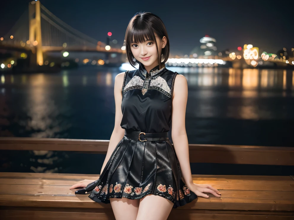 (8K, RAW Photos:1.2), Detailed face and eyes,最high quality, Ultra-high resolution, Very detailed ,Intricate details ,Tabletop ,pretty girl ,Round eyes、 Soft cinematic light, Hyper Detail,Sharp focus, high quality, Brown Hair,((Bobcut))、(Straight bangs)、City of night、Night view、 ((Black Tank Top))、(Black pleated skirt)、”dwarf”、(Full Body Shot)、Waist、(I can see your thighs)、Cowboy Shot、 smile、Floral clothes、Silk clothing、Silk luster、