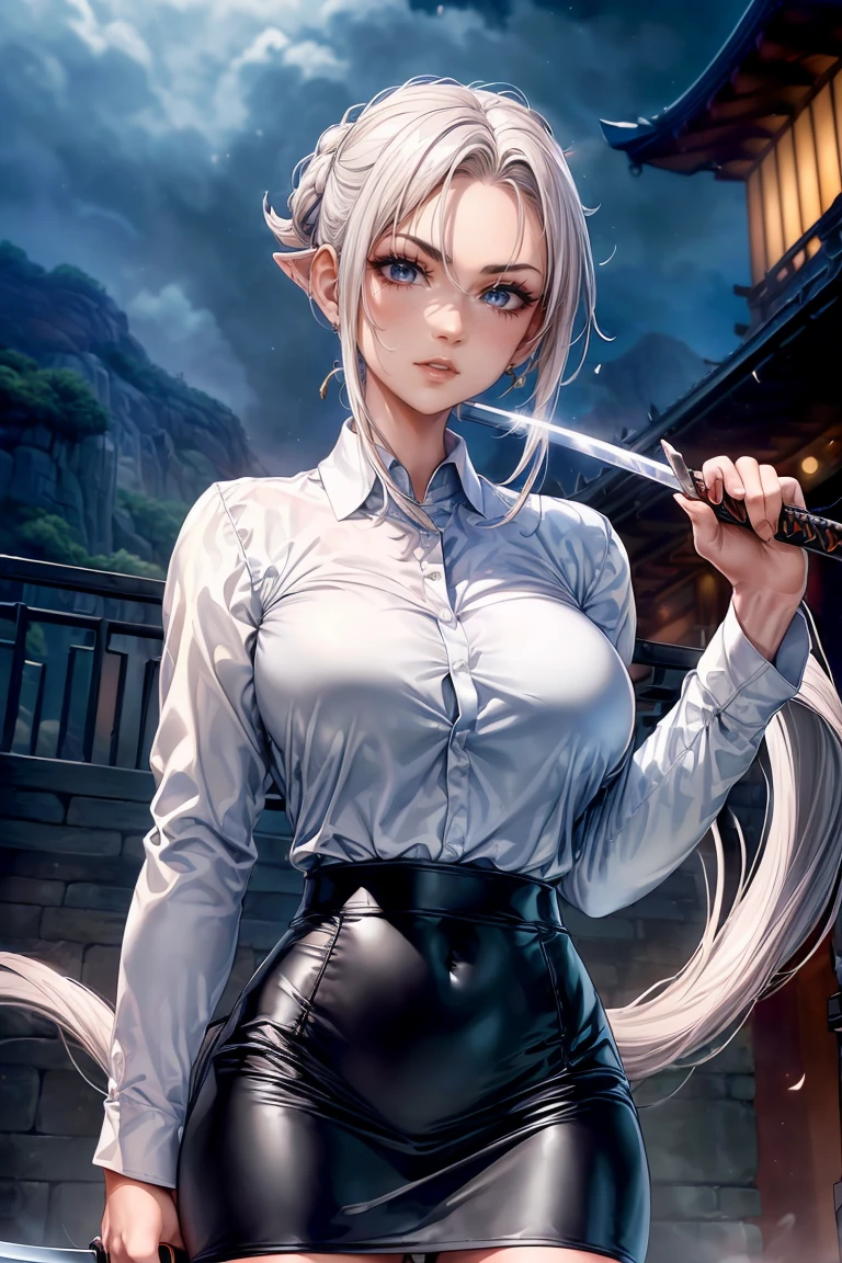 ((monsters looming:1.7、Woman fighting giant spiders))、((perfect anatomy,realist:1.3,raw photography:1.3,Masterpiece、of the highest quality、Ultra - high resolution、high resolution、Very detailed CG、8k)),cowboy shot,1 female,Alone,18 years、High school girl swordsman、18 yearsの美少女,Japanese,(((Beautiful face and detailed eyes:1.3,big and beautiful eyes:1.5,grey eyes,shy))),black fur, wide,(center parted hair,forehead),(big breasts, Skinny body,small head:1.3,Skinny),((Oily skin)),(glowing skin,shiny skin),(shiny black tight mini skirt、(white long sleeve collared shirt:1.4)、dynamic pose,Cut giant spiders with a sword、Japanese sword fighting、Accurately depicted Japanese sword、library、At night. view from behind