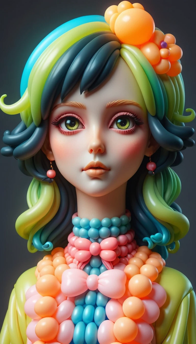 Personnage 3D adorable de style kawaii de style macabre, Palette de couleurs ombrées d&#39;orange fluo, rose néon, bleu néon, jaune fluo, néon vert, (femme:1.1) avec (cou allongé:1.3)  ballonz ral-hnycmb grands yeux , diffusion souterraine, PhotoRéaliste, HyperRéaliste, style analogique, Réaliste, Photographie argentique, éclairage doux, ombre lourde, rendu 3D, personnage adorable, Art 3D . Mignon, adorable, de couleur brillante, joyeux, Influence de l’anime, très détaillé . sombre, gothique, sombre, hanté, très détaillé