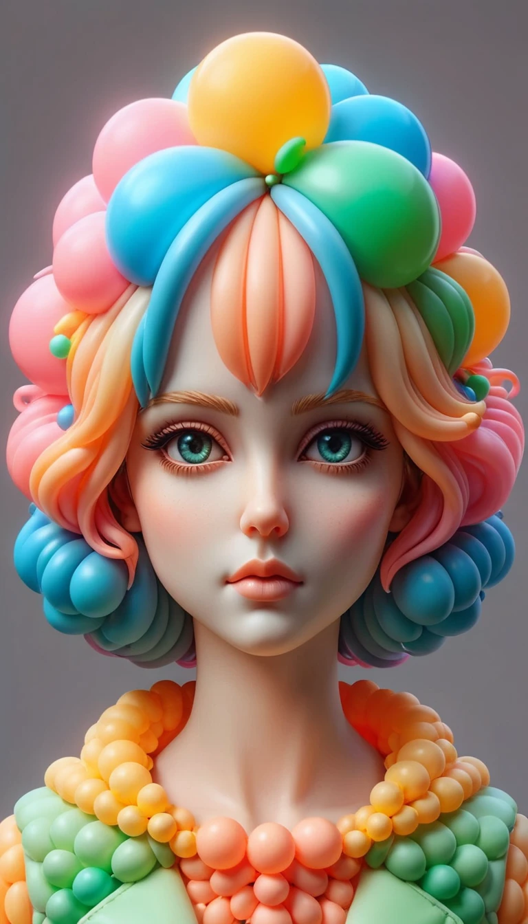 Personnage 3D adorable de style kawaii de style macabre, Palette de couleurs ombrées d&#39;orange fluo, rose néon, bleu néon, jaune fluo, néon vert, (femme:1.1) avec (cou allongé:1.3)  ballonz ral-hnycmb grands yeux , diffusion souterraine, PhotoRéaliste, HyperRéaliste, style analogique, Réaliste, Photographie argentique, éclairage doux, ombre lourde, rendu 3D, personnage adorable, Art 3D . Mignon, adorable, de couleur brillante, joyeux, Influence de l’anime, très détaillé . sombre, gothique, sombre, hanté, très détaillé