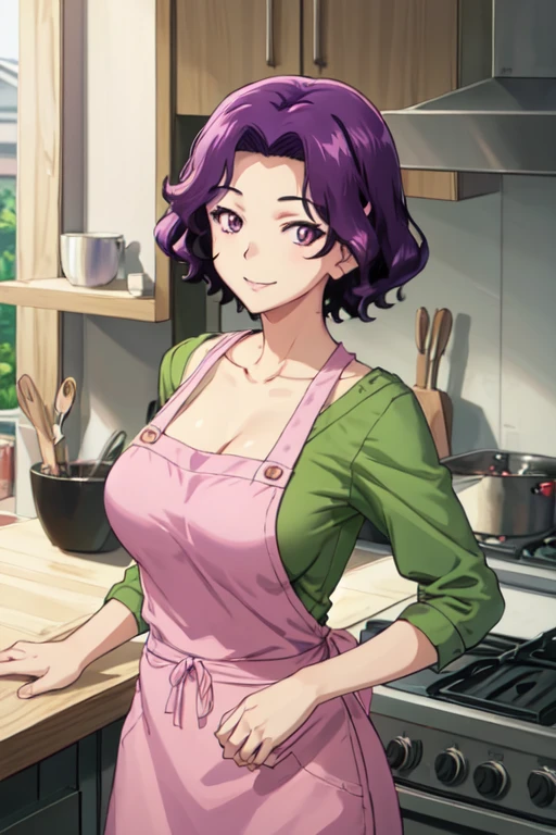 (best quality), (masterpiece), azusa_hamaoka, short hair, purple hair, purple eyes, large breasts, green shirt, collarbone, apron, kitchen, looking at viewer, smiling, upper body, 