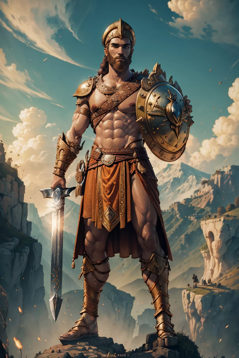 ((best qualityer)), ((work of art)), (detailded), greek mithology, They can, wearing a hard hat, symbolizing his role as a god of war.
- Holding a spear, your main weapon in battle.
- Carrying a shield, famously adorned with the head of Medusa.
- Dressed in armor, representing his warrior aspect.
- Often depicted with an owl, symbolizing wisdom.
- Funny posture, mas forte, reflecting his dual role as god of war and wisdom. standing on a rock.