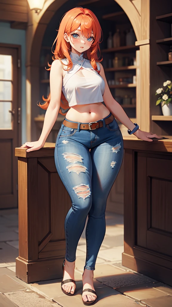 blank background, (((full body))), (masterpiece), ((best quality)), (very short girl), ((flat chest)), hair over one eye, (wide hips:1.4), ((thick thighs:1.4)), (blue jeans), sandals, belt below navel, fanny packs, ginger hair, from behind